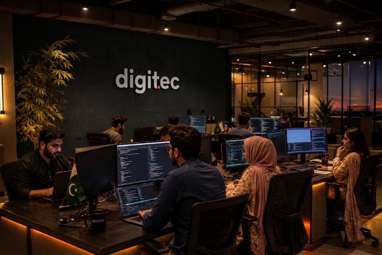 Inside the Digitec Solution office in Lahore, Pakistan — AI and big data engineers collaborating under the Digitec sign